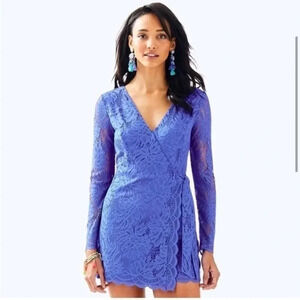 Lilly Pulitzer Tiki Wrap Romper Lace Long Sleeve Royal Blue XXS NWOT